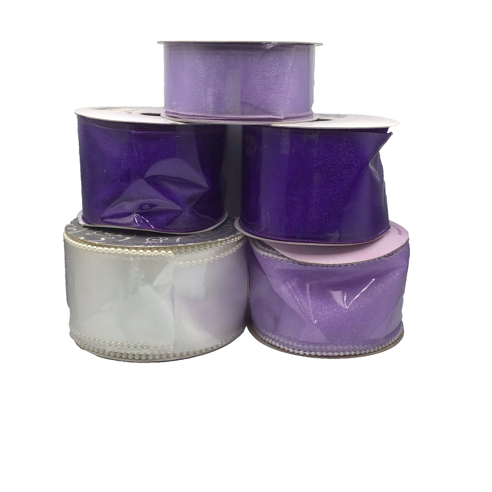Wedding Bridal Ribbon Lot Purple White Organza Beaded Craft Decor 5 Rolls
